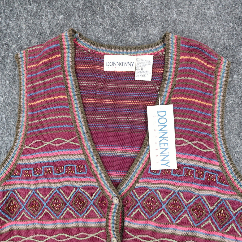 Donnkenny Sweater Vest Womens Medium Vintage 90s Burgundy Beaded Ramie Cotton - take2supply