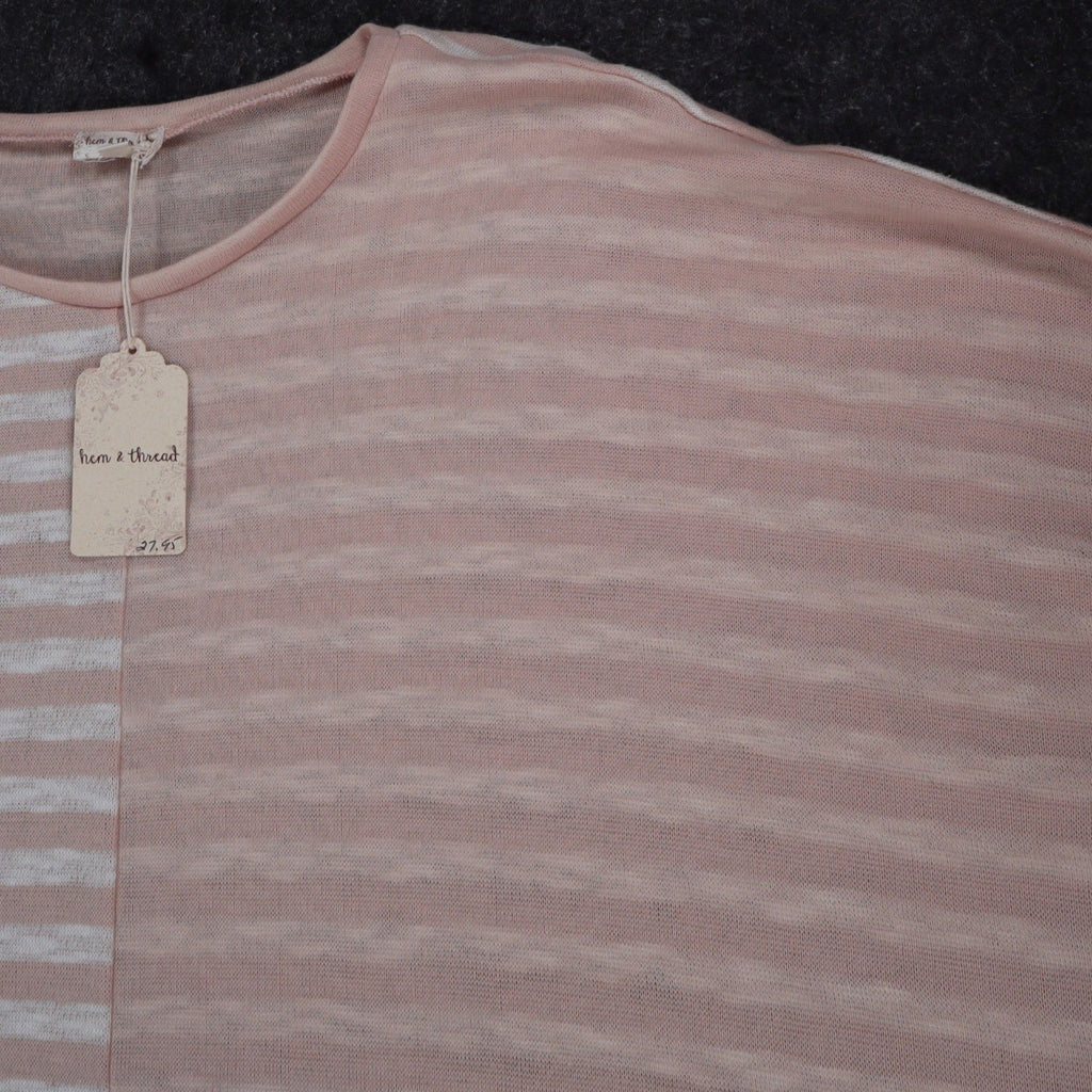 Hem & Thread Striped Knit Top Womens S/M Pink White Oversized Drop Shoulder NWT - take2supply