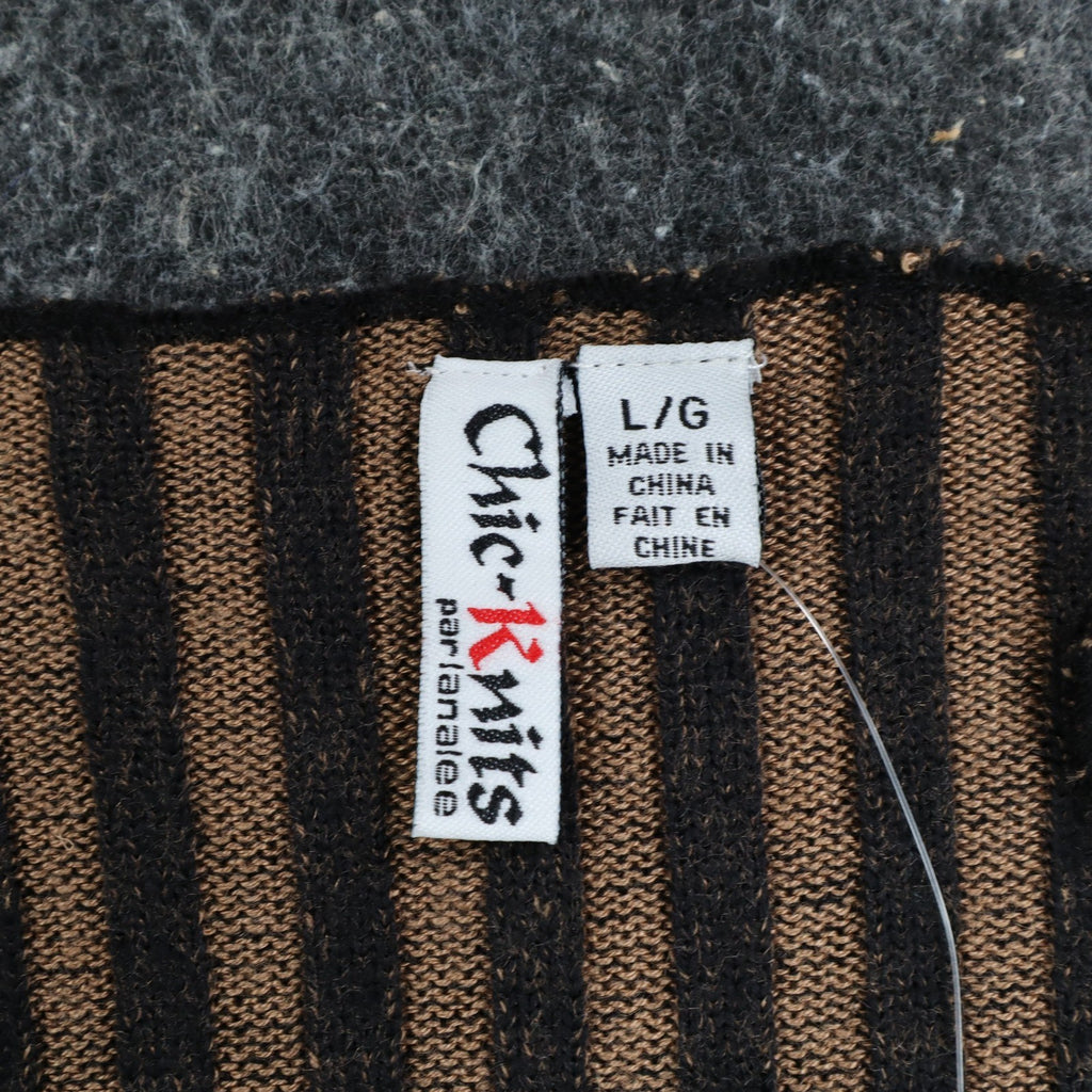 Chic Knits Lanalee Cardigan Large Y2K Taupe Striped Buckle Lettuce Edge NEW - take2supply