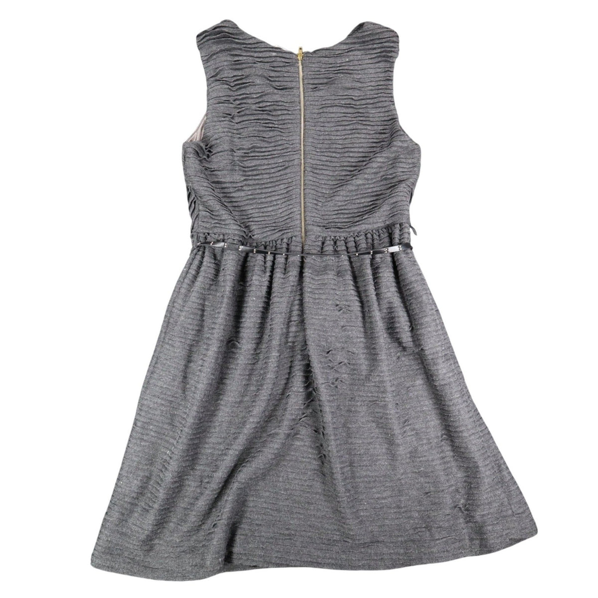 Back view of dark gray Esley sleeveless dress with textured pleats and a black belt