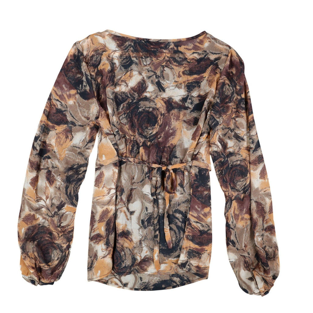 AGB Blouse Womens Small Brown Tan Abstract Floral Ruffle Neck Balloon Sleeve NEW - take2supply