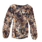 AGB Blouse Womens Small Brown Tan Abstract Floral Ruffle Neck Balloon Sleeve NEW - take2supply