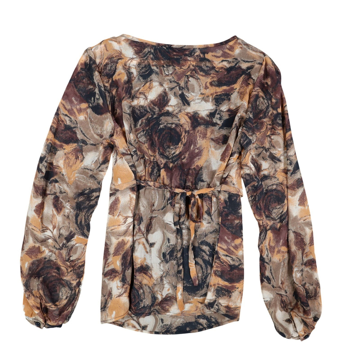 AGB Blouse Womens Small Brown Tan Abstract Floral Ruffle Neck Balloon Sleeve NEW - take2supply