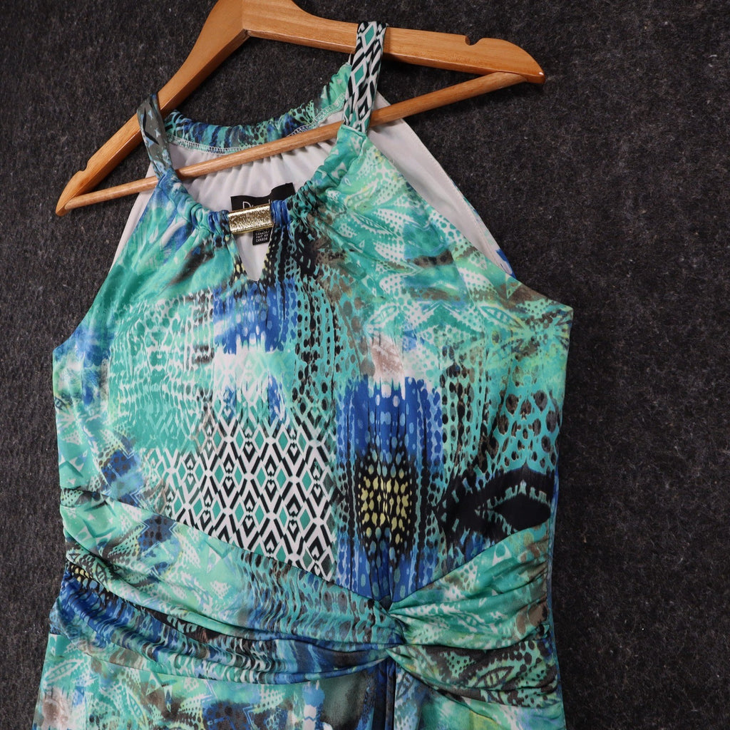 Dusak Designs Halter Dress Medium Teal Blue Abstract Print Keyhole Sheath Canada - take2supply
