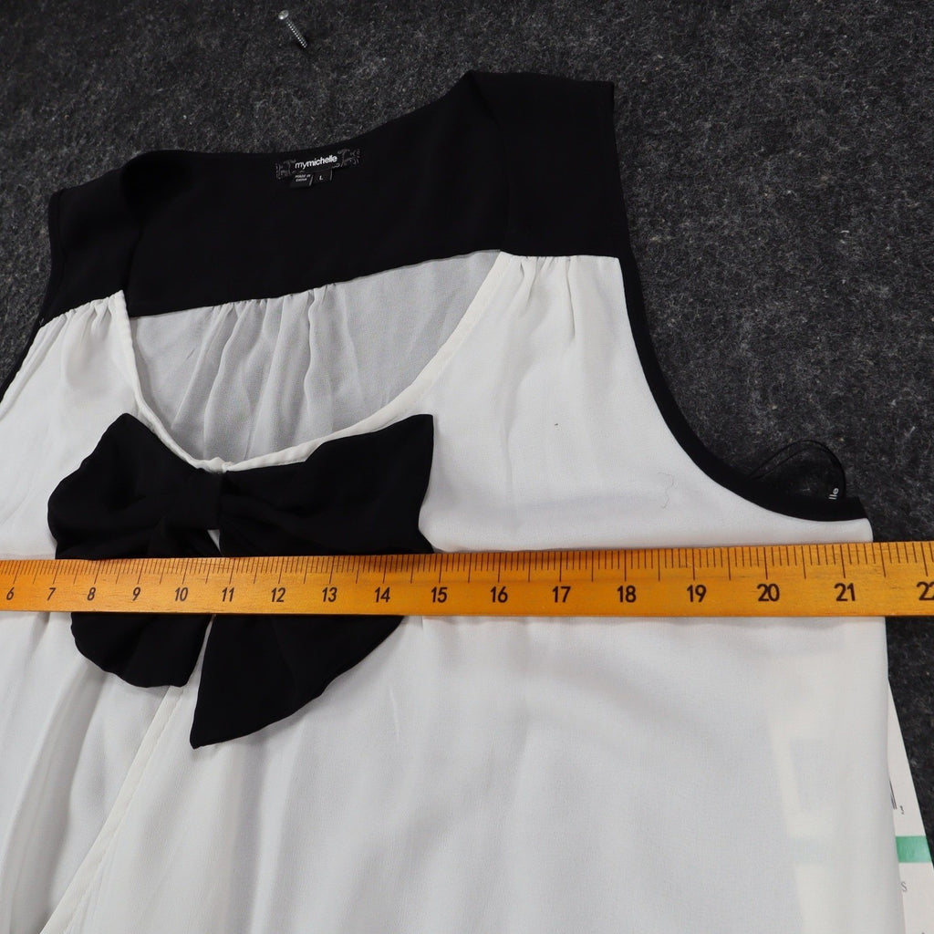 mymichelle Sleeveless Blouse Large White Black Bow Chiffon Faux Wrap Top - take2supply