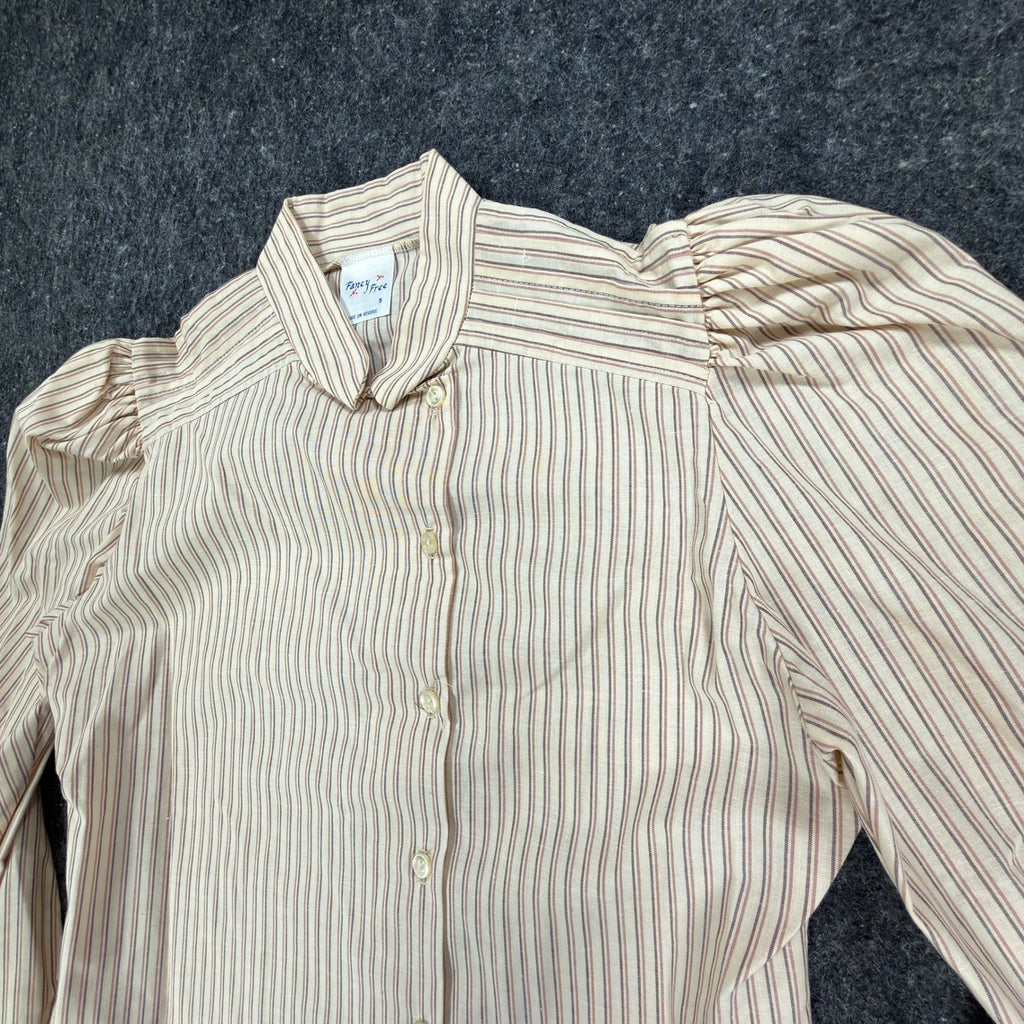 Fancy Free Vintage 80s Puff Sleeve Blouse Womens 5 Tan Striped New - take2supply
