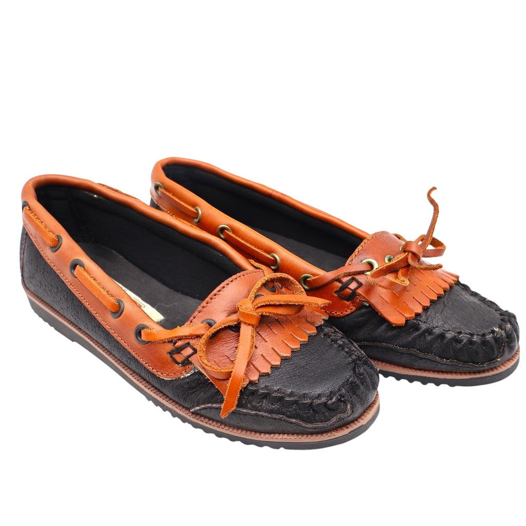 Red Camel Kamper Moccasin Loafers Kids 12.5 Vintage Black Tan Leather Kiltie - take2supply