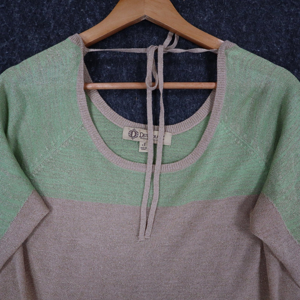 Dunner & Co Sweater Womens S Green Tan Metallic Lurex Colorblock Back Tie Top - take2supply