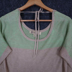 Dunner & Co Sweater Womens S Green Tan Metallic Lurex Colorblock Back Tie Top - take2supply