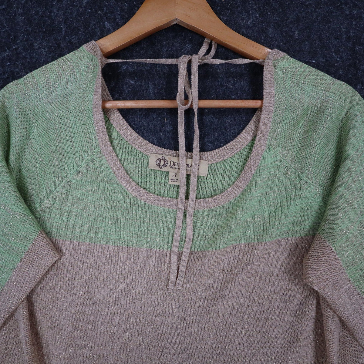 Dunner & Co Sweater Womens S Green Tan Metallic Lurex Colorblock Back Tie Top - take2supply