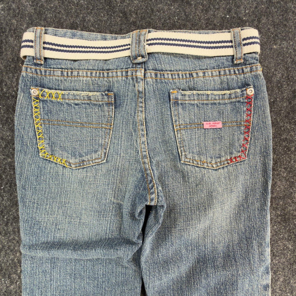 US Polo Assn Y2K Butterfly Jeans Girls 12 Blue Denim Flare Belted USPA NWT - take2supply