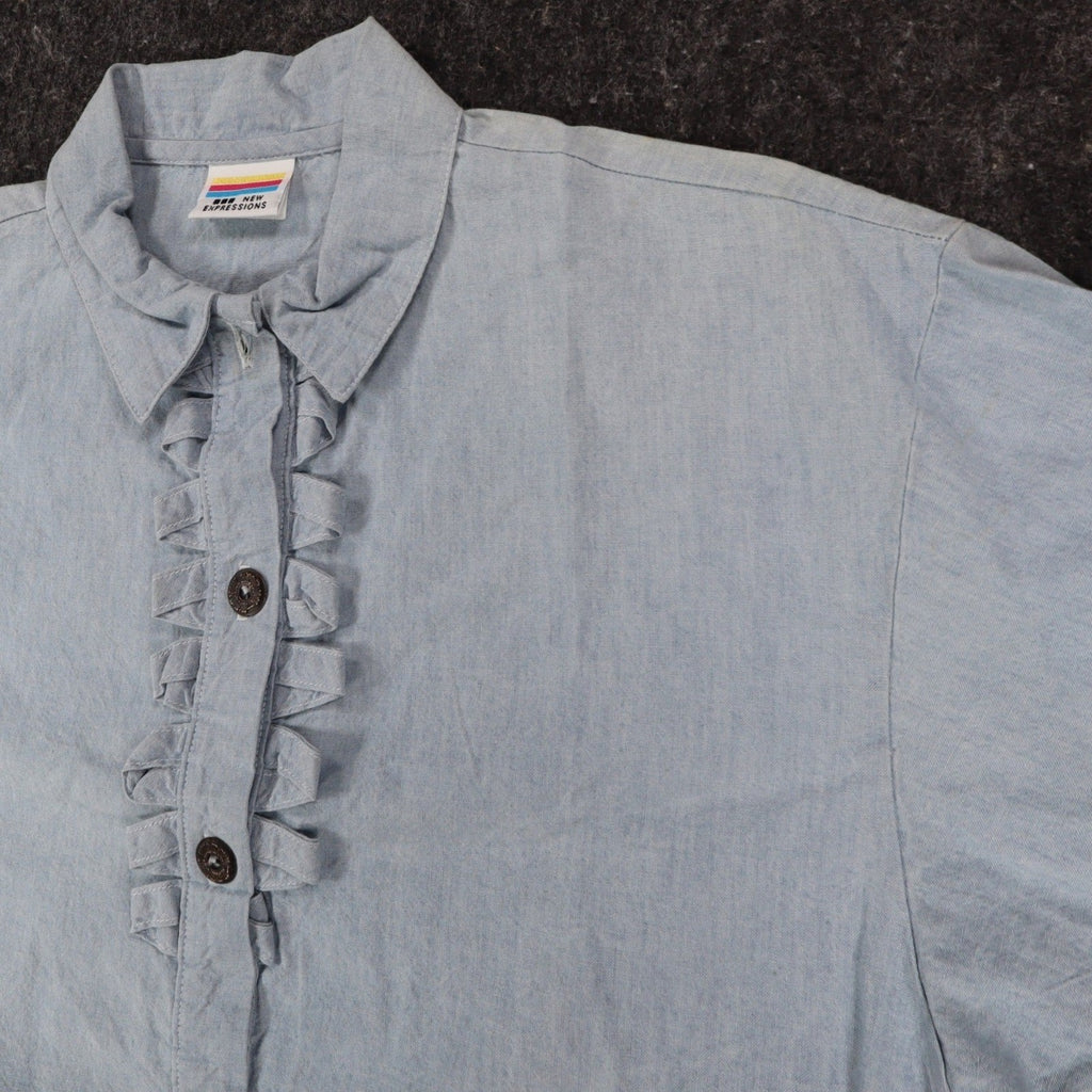New Expressions Shirt Womens Medium Vintage Blue Cotton Ruffle Short Sleeve USA - take2supply