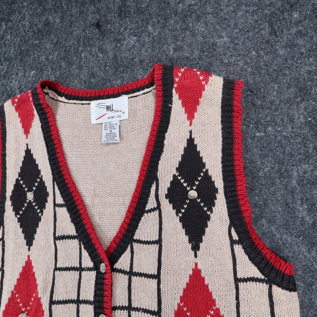 SML Sport Ltd Sweater Vest Womens M Vintage 1996 Argyle Knit Tan Red Black - take2supply