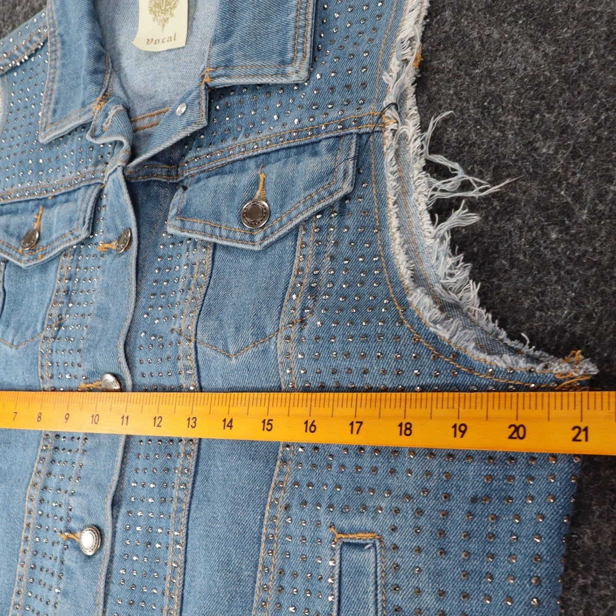 Vocal Denim Vest Womens Large Blue Light Wash Rhinestone Studded Frayed Y2K - take2supply