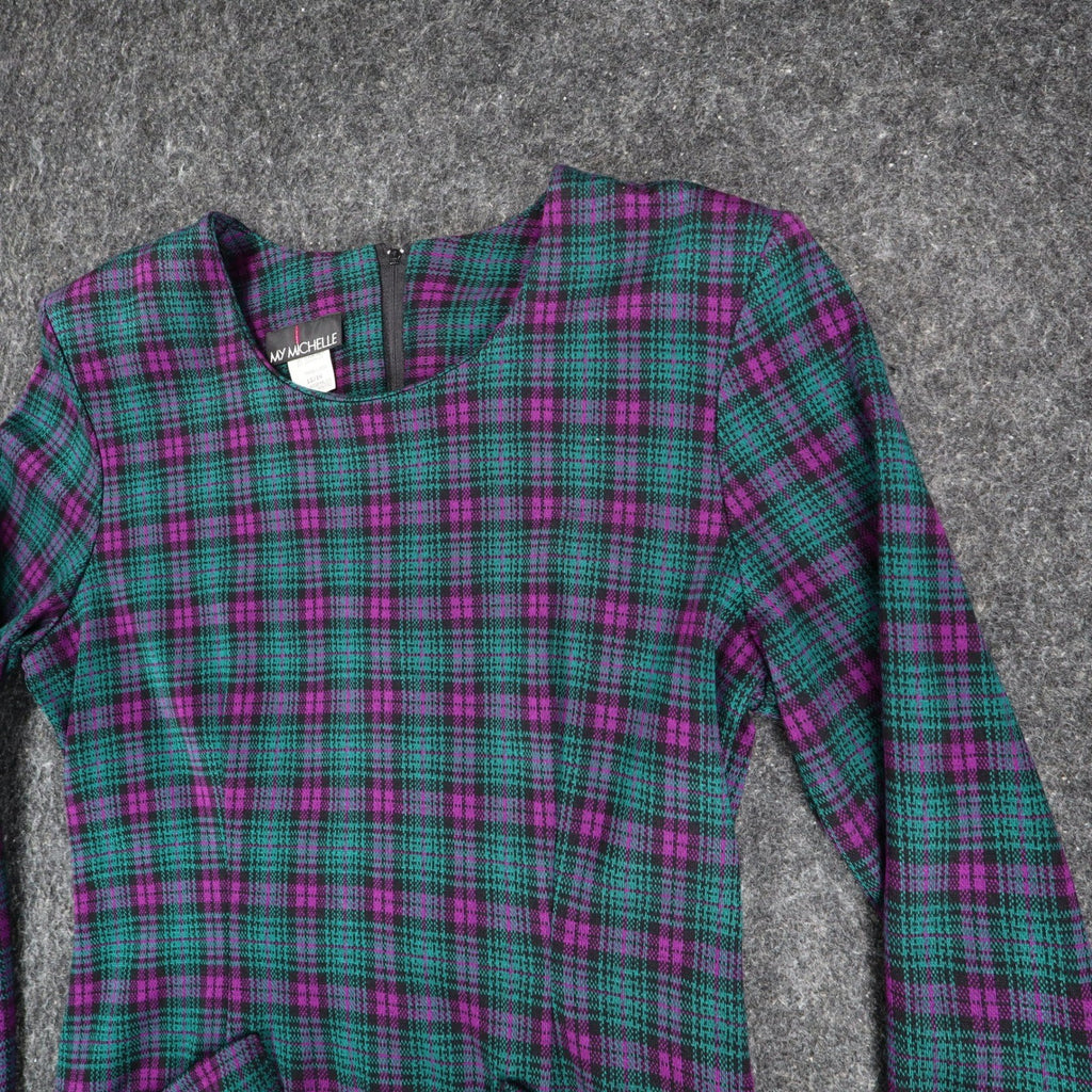 My Michelle Plaid Dress Womens 13/14 Vintage 90s Purple Green Long Sleeve Mini - take2supply