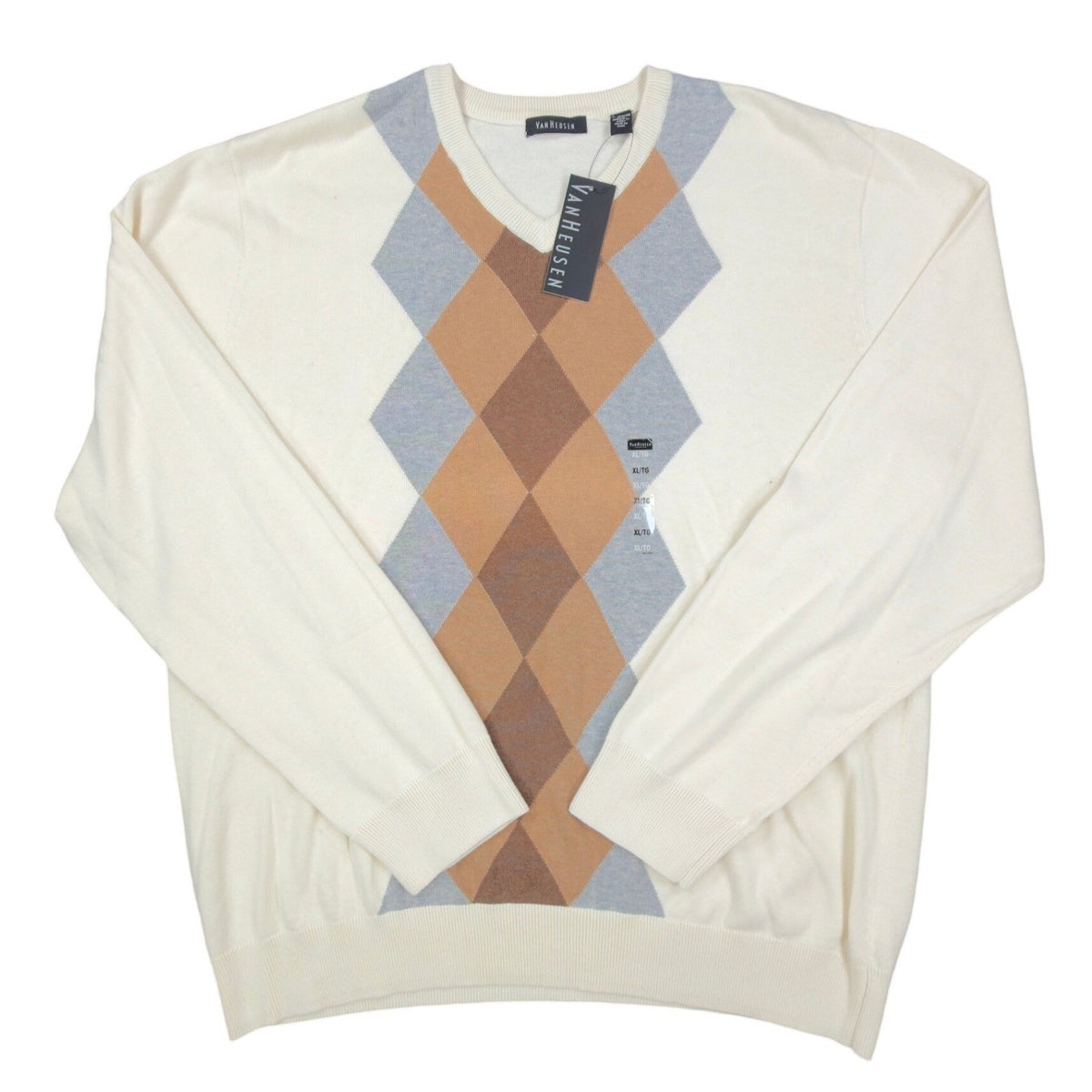 Van Heusen Argyle V-Neck Sweater Mens XL Cream Brown Grey Cotton NWT - take2supply