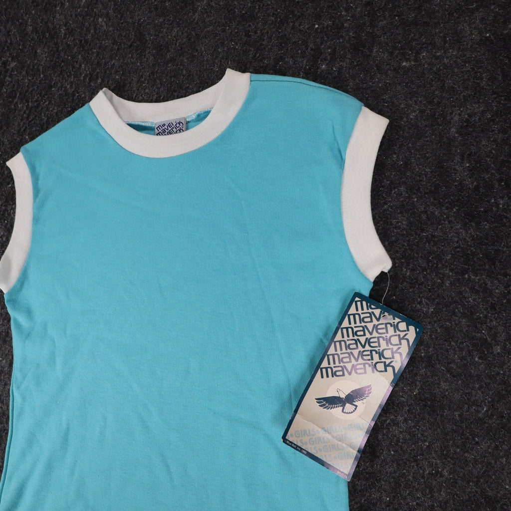 Maverick Vintage 80s Girls Large Aqua Blue Ringer Sleeveless T-Shirt NWT 1982 - take2supply