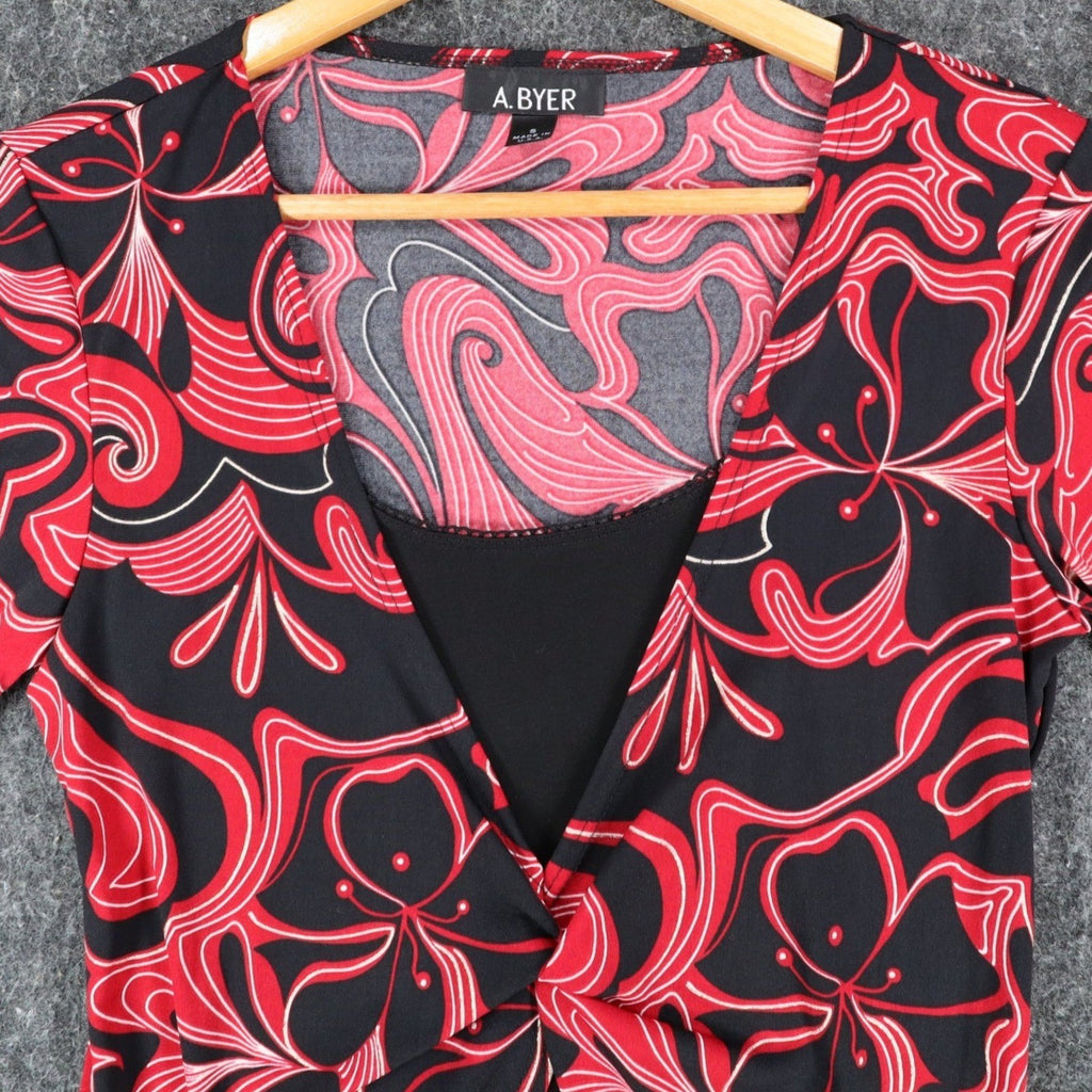 A. Byer Top Womens Small Y2K Red Black Swirl Metallic Knot Front 2-in-1 Layered - take2supply