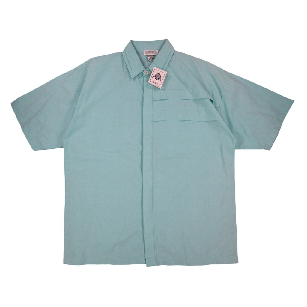Front view of an aqua blue Alexxus short-sleeve shirt with horizontal chest pleats