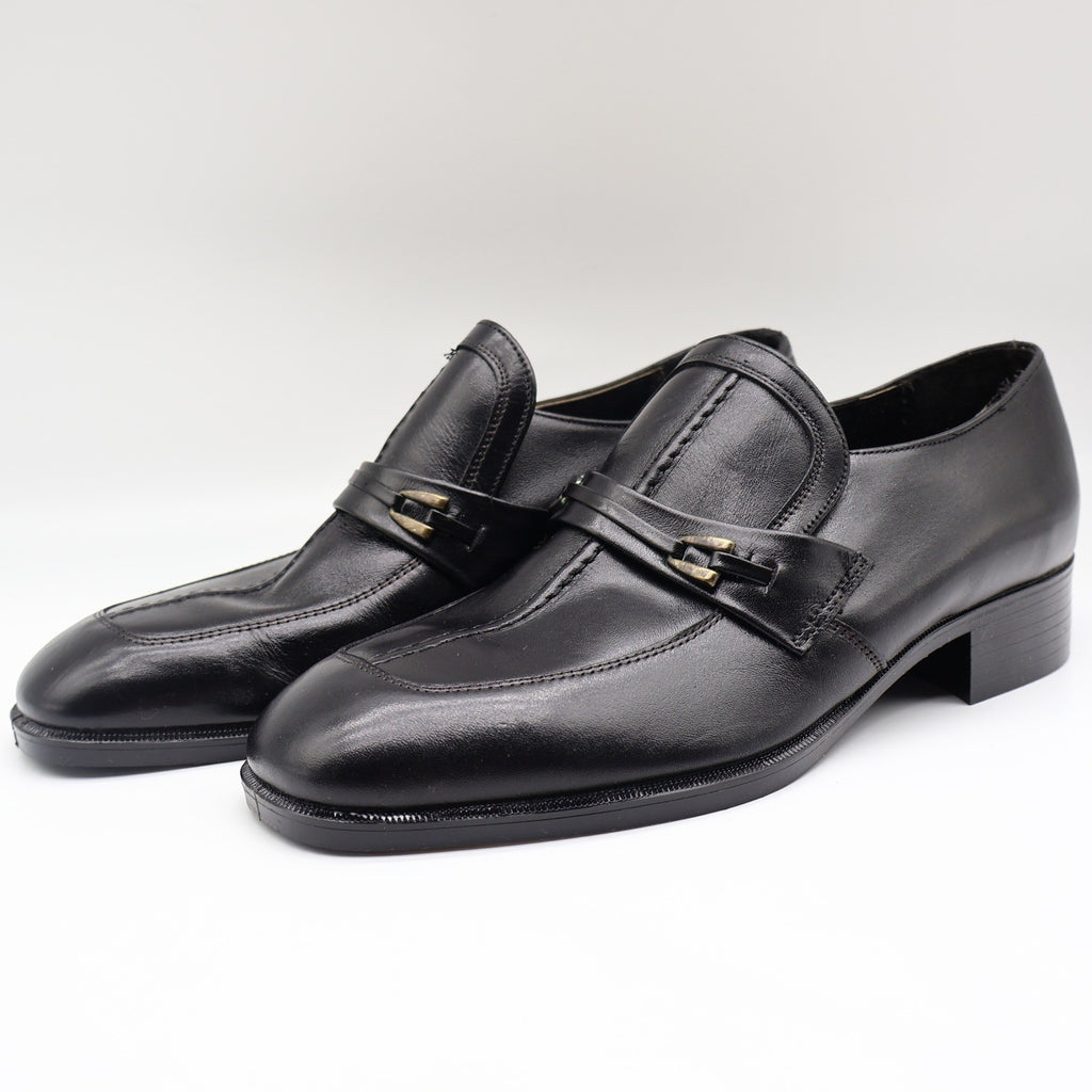 Fortune Shoes Loafers Mens 10 Vintage 70s Black Leather Square Toe Deadstock - take2supply