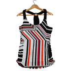 My Michelle geometric-striped tank top with braided black straps, full front view
