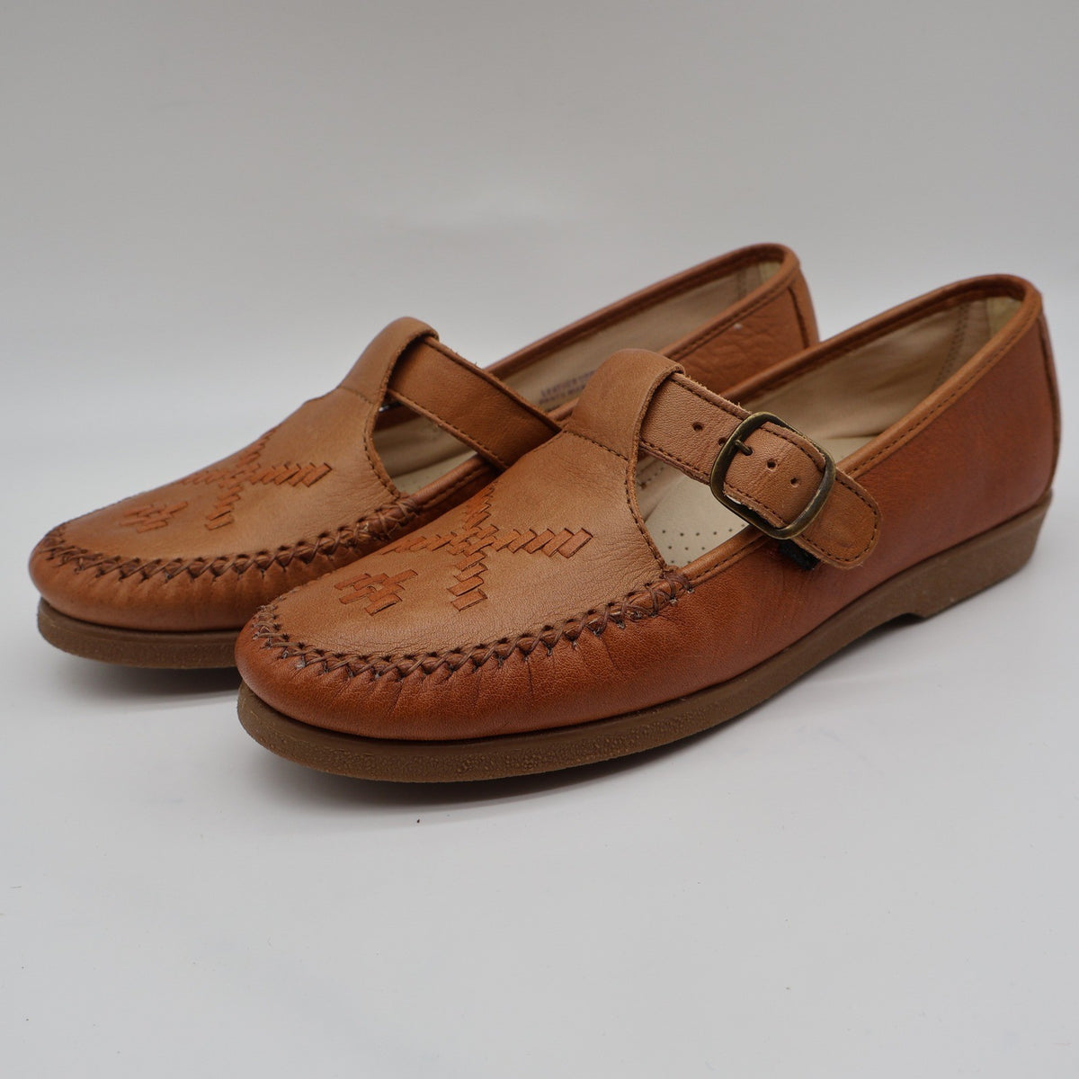 Soft Spots Reina Loafers Womens 6.5 Vintage Peanut Brown Leather T-Strap Shoes - take2supply