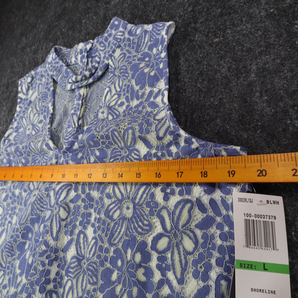 My Michelle Lace Sleeveless Top Womens Large Blue White Floral Choker Neck NWT - take2supply