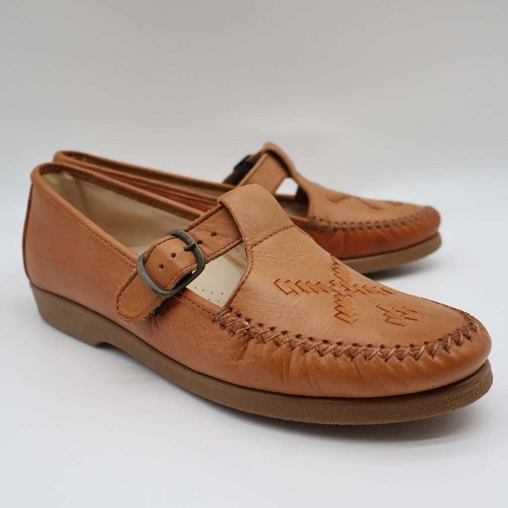 Soft Spots Reina Loafers Womens 6.5 Vintage Peanut Brown Leather T-Strap Shoes - take2supply