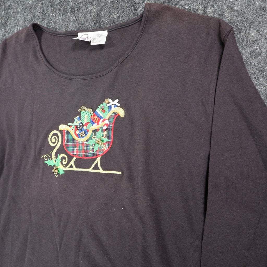 Peanut Butter & Jelly Women XL Brown Cotton Christmas Sleigh Long Sleeve Top - take2supply