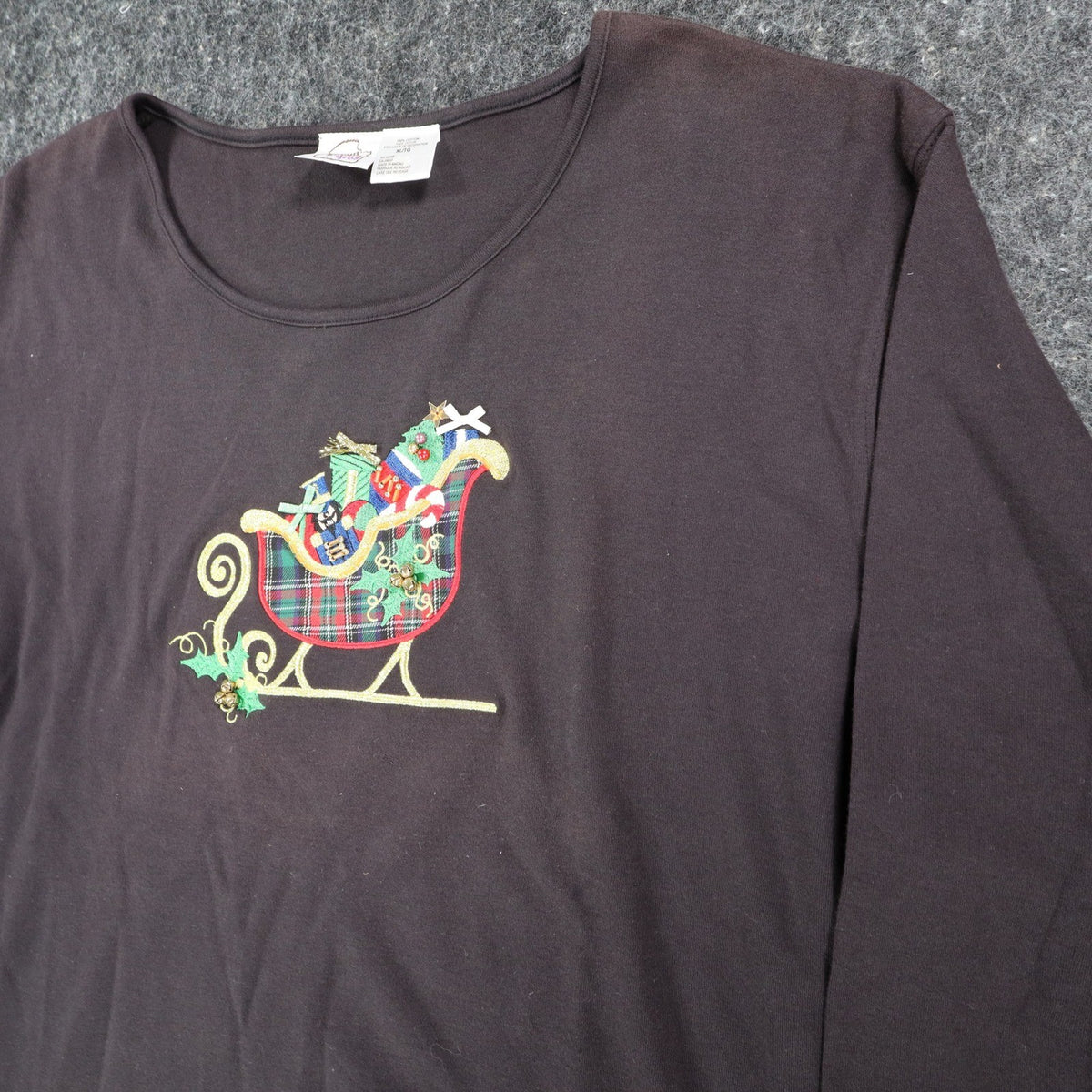 Peanut Butter & Jelly Women XL Brown Cotton Christmas Sleigh Long Sleeve Top - take2supply