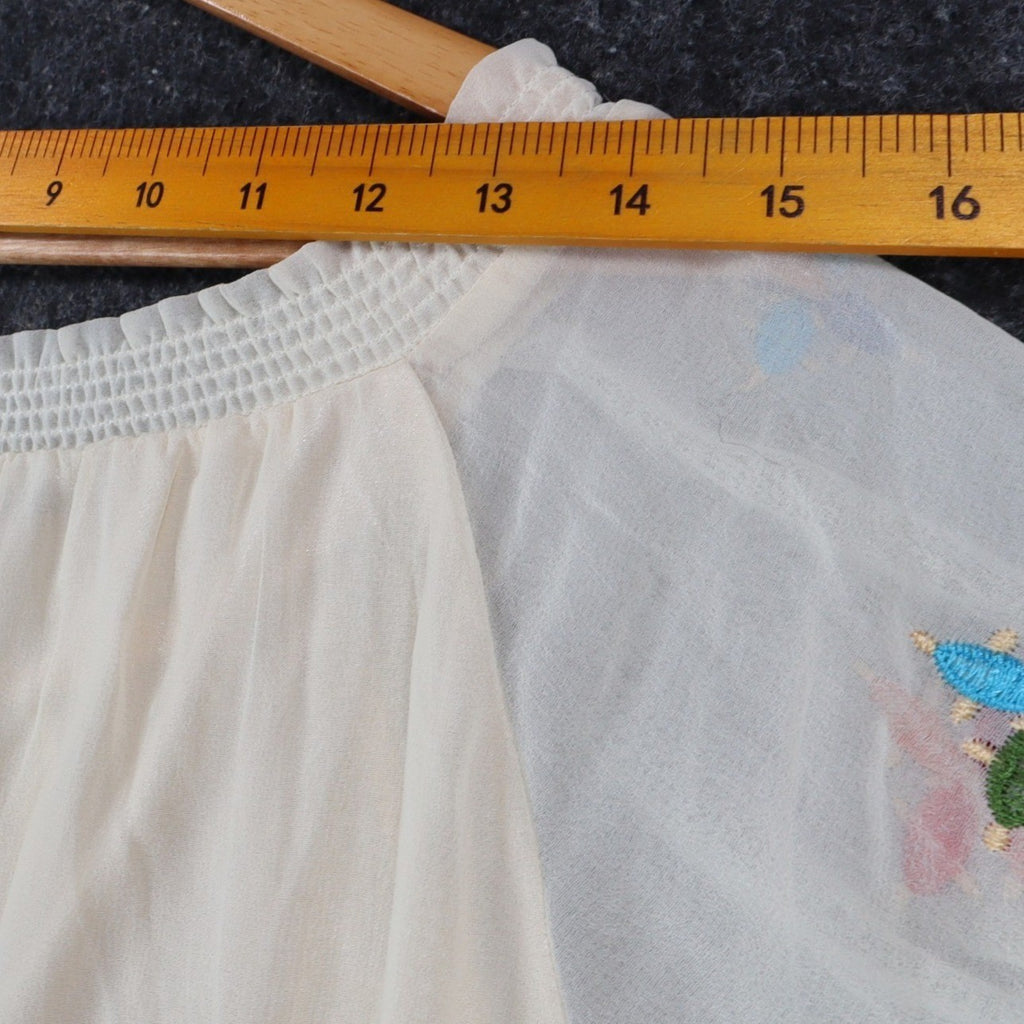 Angie Embroidered Smocked Blouse Womens Size Medium Ivory Boho Sheer Sleeve Top - take2supply