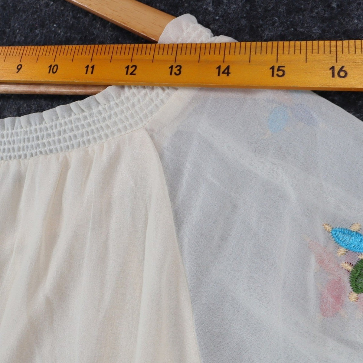 Angie Embroidered Smocked Blouse Womens Size Medium Ivory Boho Sheer Sleeve Top - take2supply