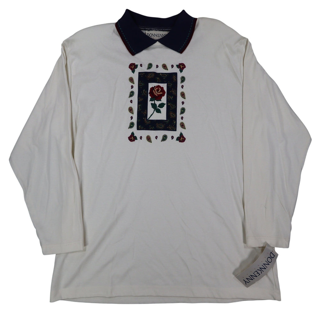 Donnkenny Classics Polo Shirt Womens XL Vintage 90s Ivory Rose Embroidered NWT - take2supply