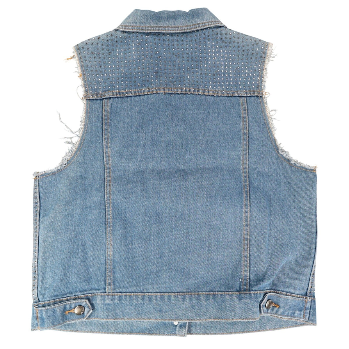 Vocal Denim Vest Womens Large Blue Light Wash Rhinestone Studded Frayed Y2K - take2supply