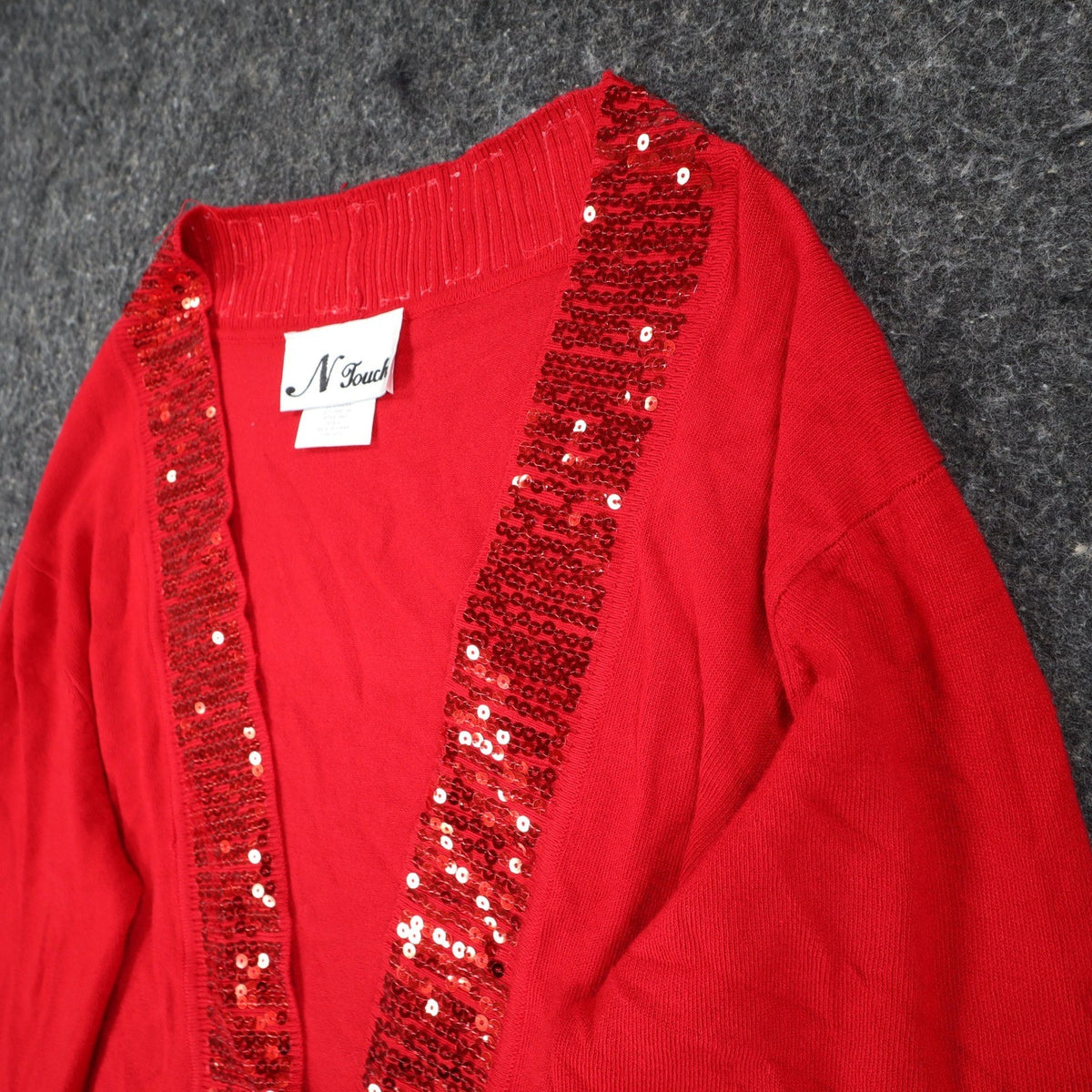 N Touch Cardigan Womens Small Red Sequin Trim Open Front Holiday Sweater NEW - take2supply