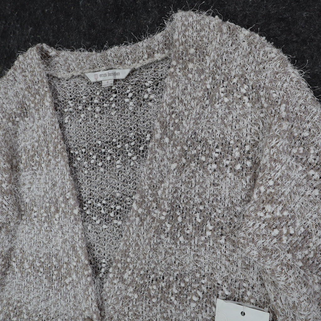 Erin London Cardigan Womens Small Stone Metallic Eyelash Fuzzy Knit Bell Sleeve - take2supply