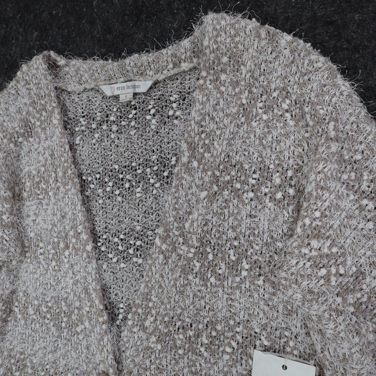 Erin London Cardigan Womens Small Stone Metallic Eyelash Fuzzy Knit Bell Sleeve - take2supply