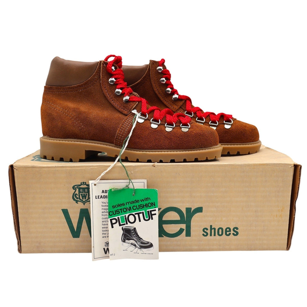 Walker Hiking Boots Kids 4 Vintage 70s Brown Suede Red Laces Pliotuf USA New - take2supply