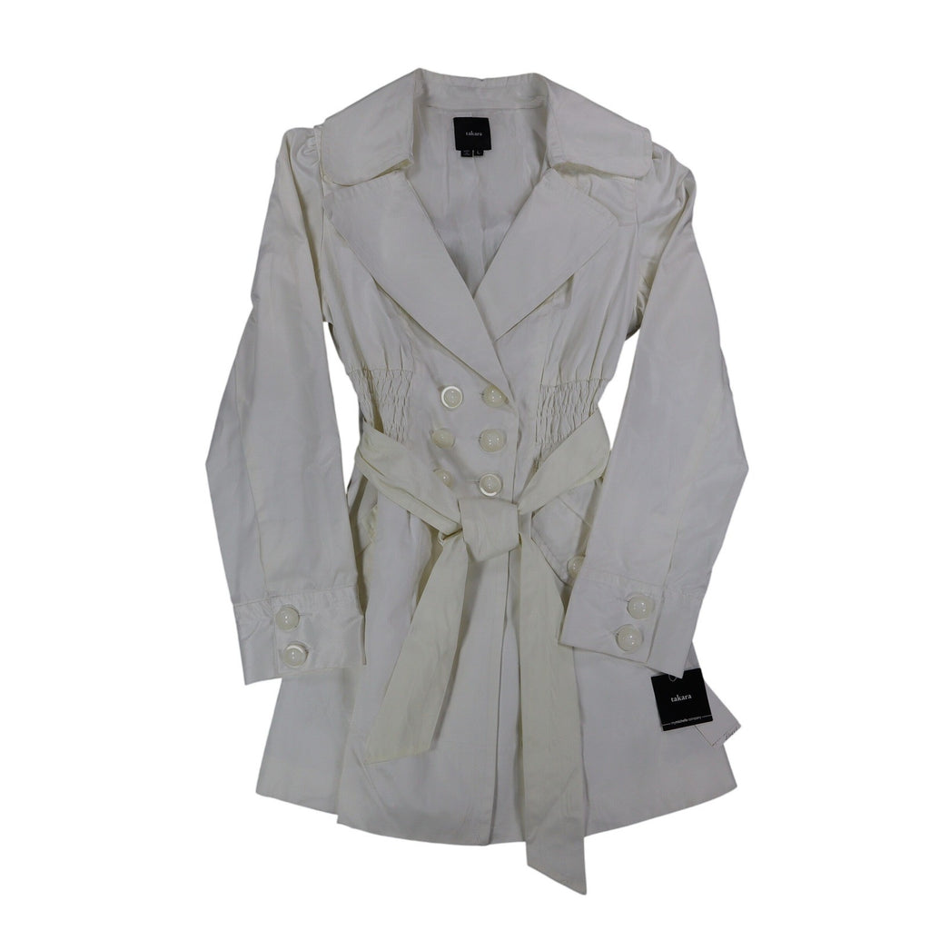 Takara Trench Coat Womens L White Belted Double Breasted Smocked NOS NWT - take2supply