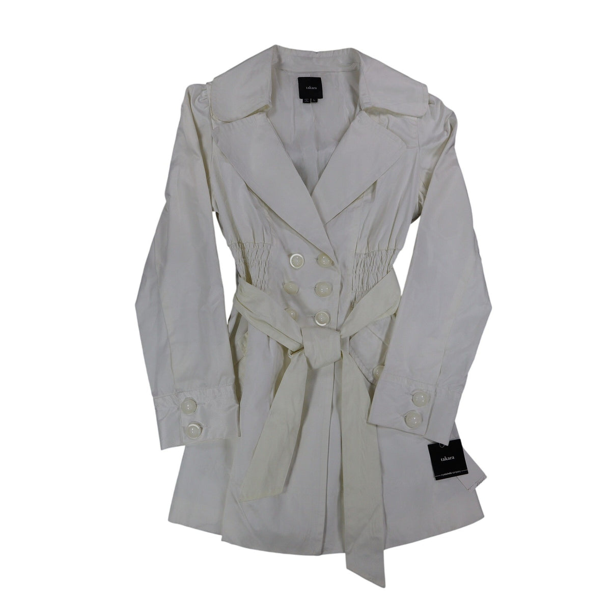 Takara Trench Coat Womens L White Belted Double Breasted Smocked NOS NWT - take2supply