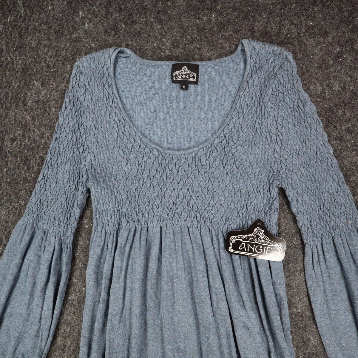 Angie Dress Womens Size M Blue Smocked Knit Bell Sleeve Mini Boho Y2K X4325 - take2supply