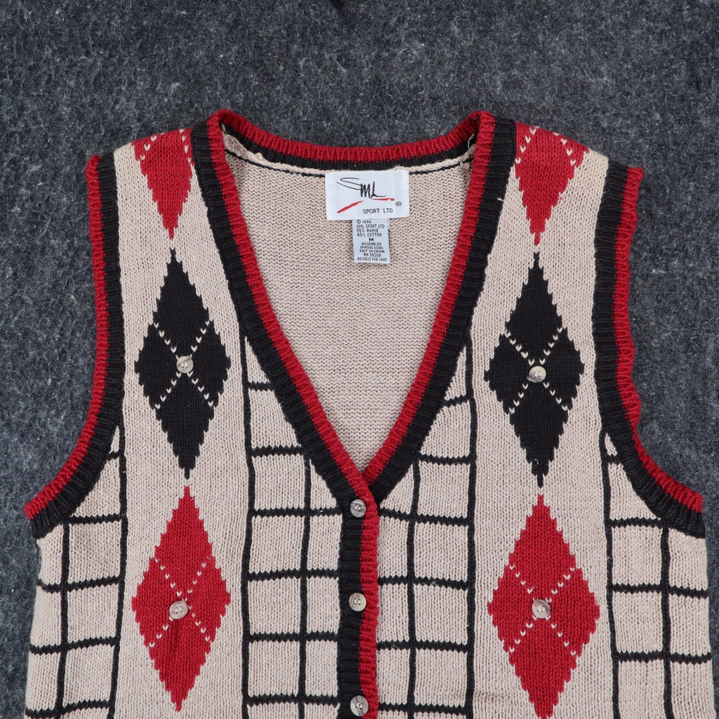 SML Sport Ltd Sweater Vest Womens M Vintage 1996 Argyle Knit Tan Red Black - take2supply