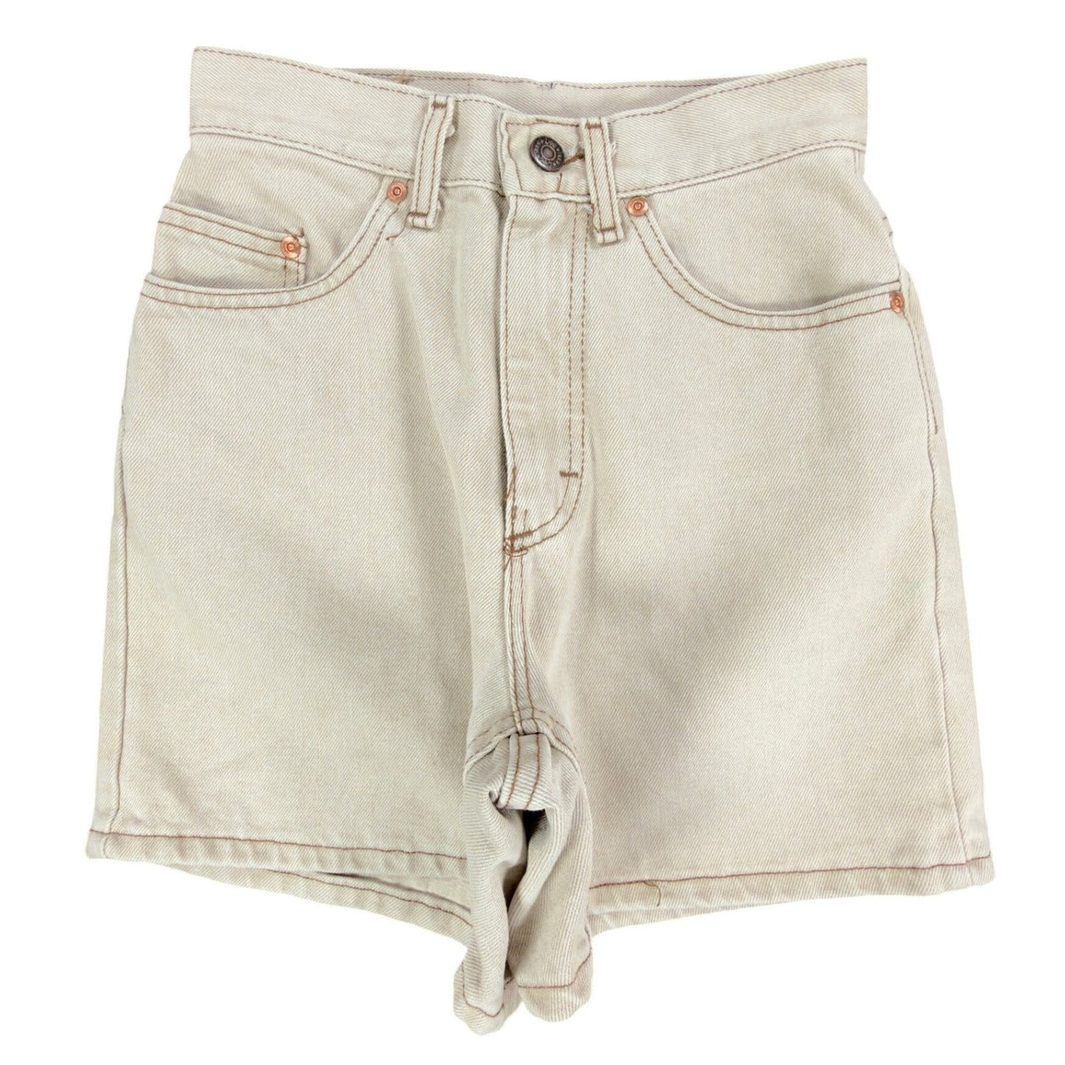 Front view of khaki Lee denim shorts with contrast stitching