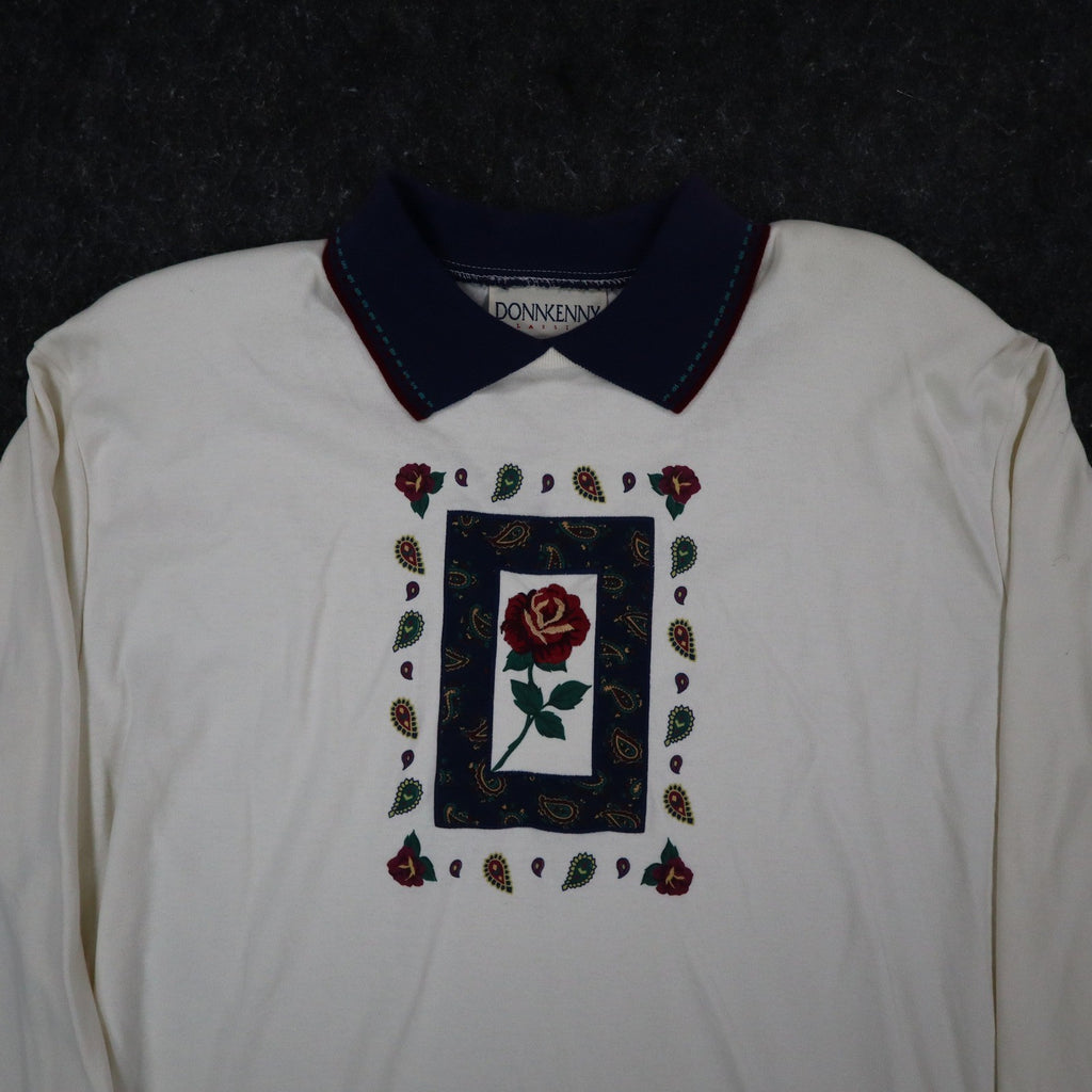 Donnkenny Classics Polo Shirt Womens XL Vintage 90s Ivory Rose Embroidered NWT - take2supply