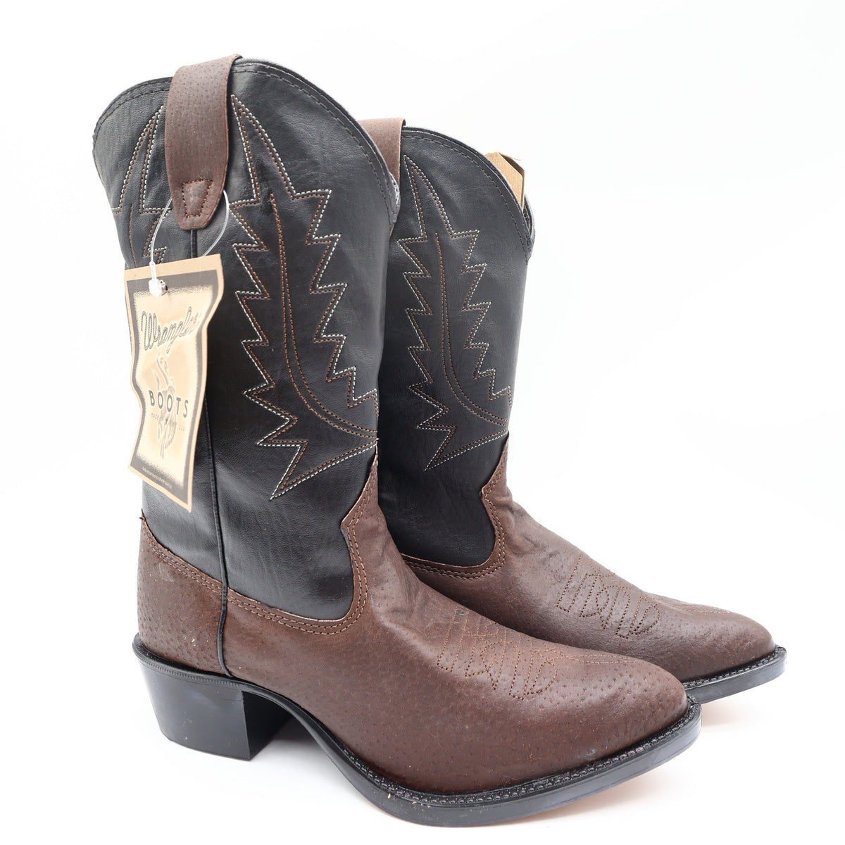 Wrangler Vintage Western Boots Youth 4.5 D Old Brown Leather Black NWT USA Made - take2supply
