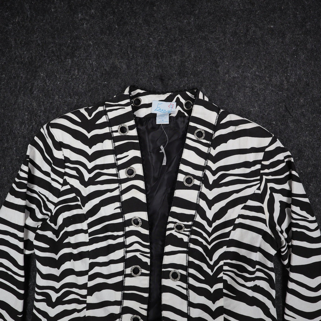 Emma J Zebra Print Jacket Womens M Y2K Black White Cotton Grommet Eyelet Trim - take2supply