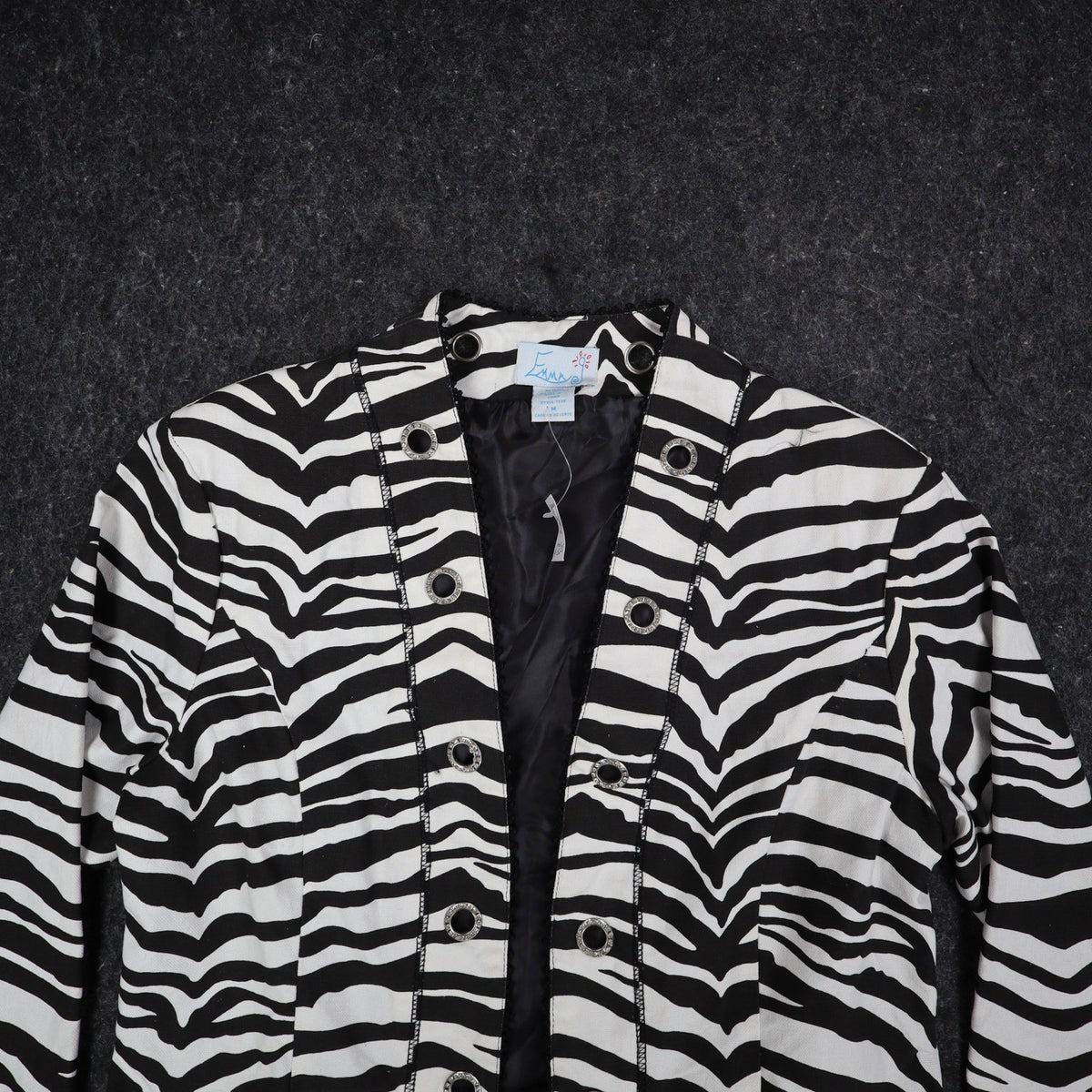 Emma J Zebra Print Jacket Womens M Y2K Black White Cotton Grommet Eyelet Trim - take2supply