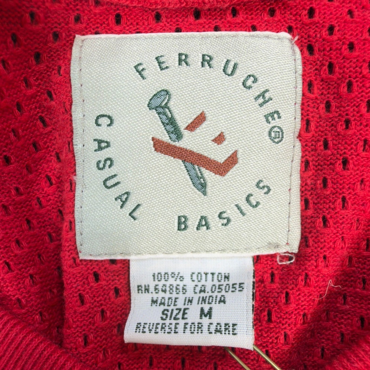 Ferruche V-Neck Shirt Mens M Red Cotton Mesh Knit Deadstock Y2K 17-121 - take2supply