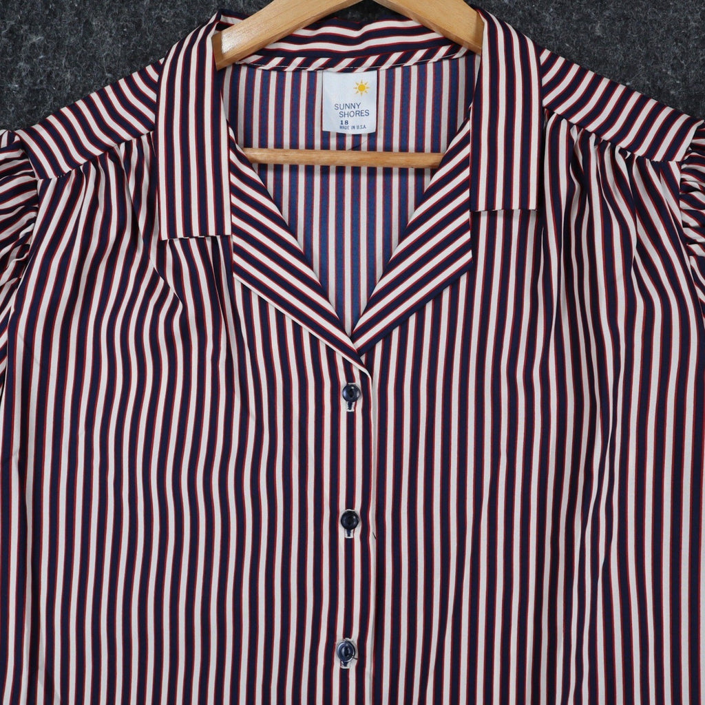 Sunny Shores Blouse Womens 18 Vintage 80s Red White Blue Striped Puff Shoulder - take2supply