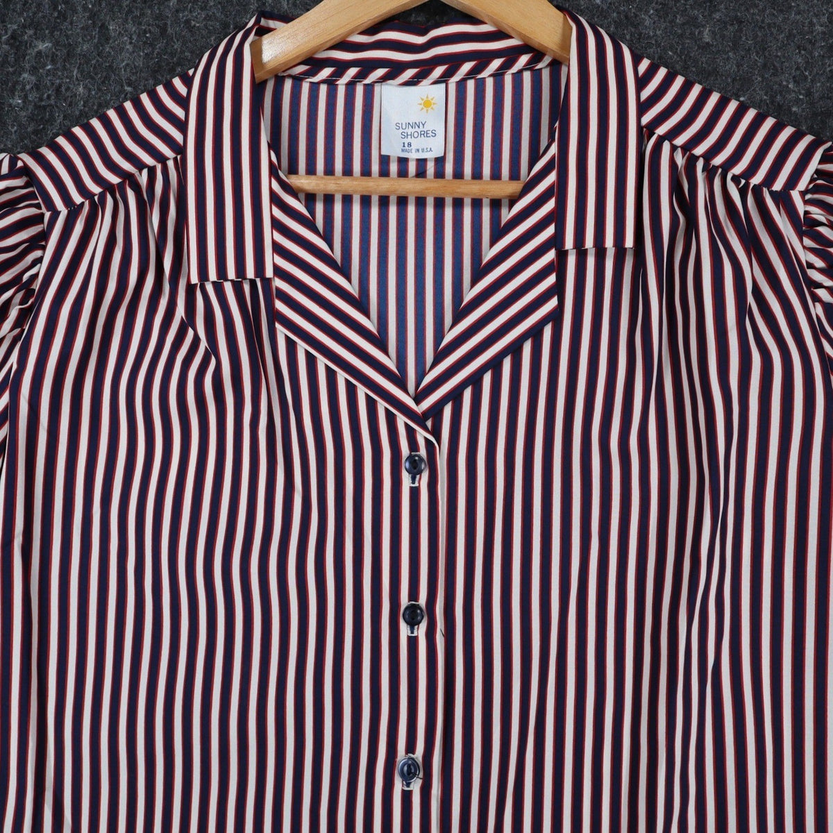 Sunny Shores Blouse Womens 18 Vintage 80s Red White Blue Striped Puff Shoulder - take2supply